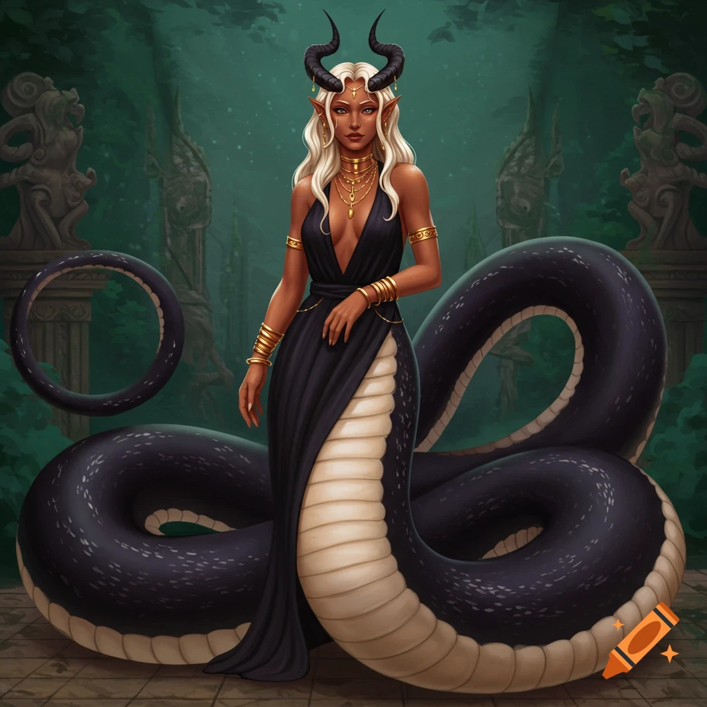 A fantasy illustration of a regal lamia woman with blonde hair, horns, a black dress, gold jewelry, and a long black snake tail, standing in ancient ruins.