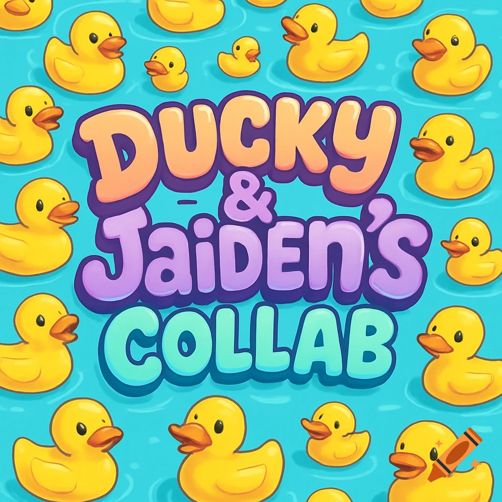 Cartoon logo with "Ducky & Jaiden's COLLAB" text surrounded by yellow rubber ducks floating on blue water.