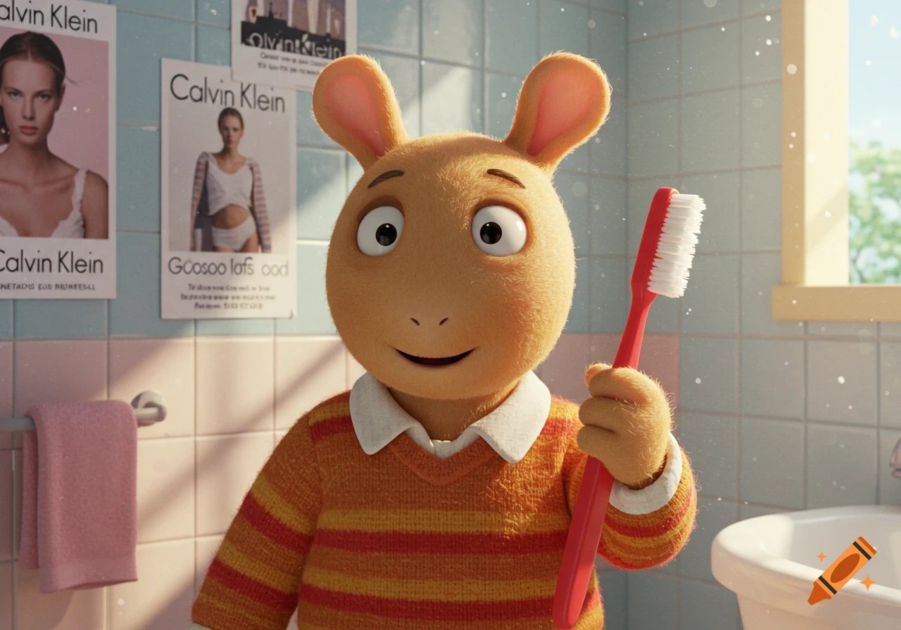 Arthur, the aardvark character, stands in a brightly lit tiled bathroom holding a red toothbrush in a 3D animated style.