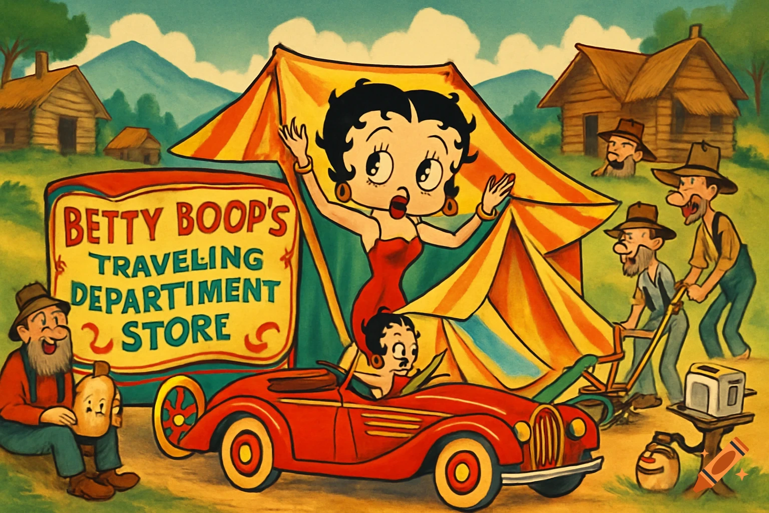 Betty Boop stands in front of a colorful tent and a wagon labeled 'Betty Boop's Traveling Department Store' in a rural, vintage cartoon setting with hillbillies and log cabins.