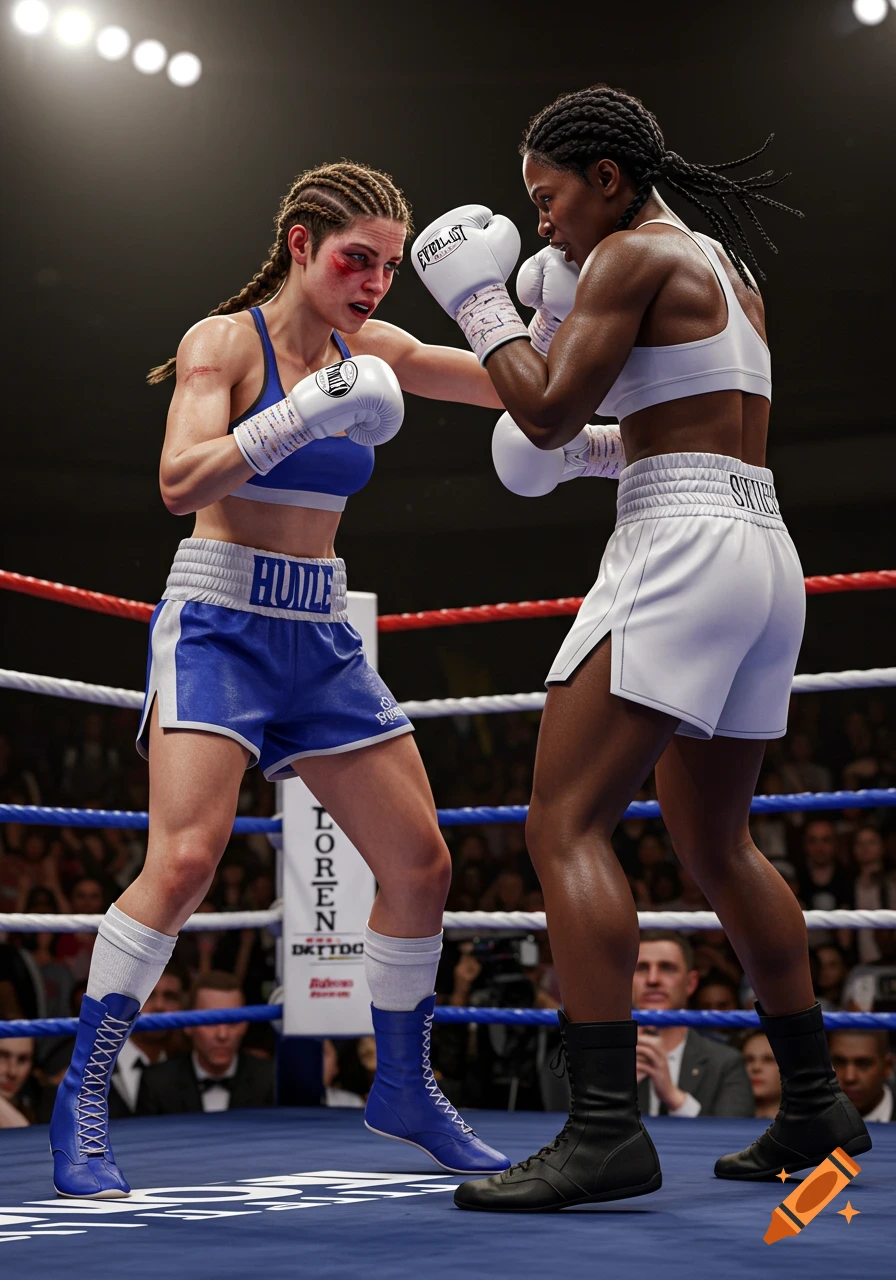 Two female boxers in a ring; one white boxer in blue shorts with a bruised face throws a punch at an African American boxer in white shorts. Photorealistic style.