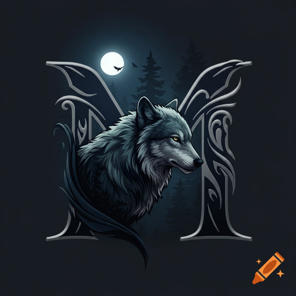 Stylized illustration of a gray wolf head in front of a decorative letter M, with a full moon and forest in the background.