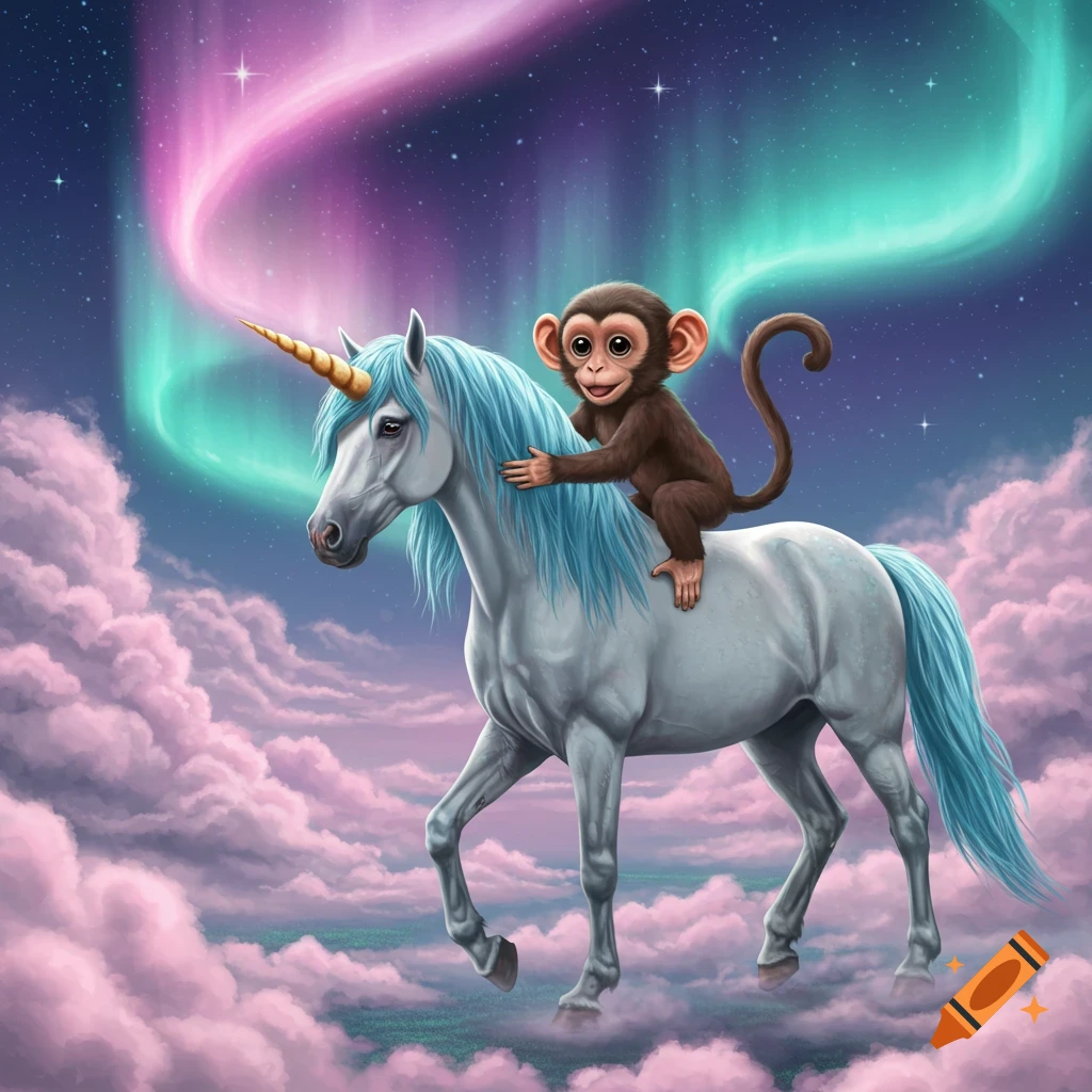 Cute baby monkey rides a white unicorn with blue mane through a starry night sky with pink and teal aurora over pink clouds.