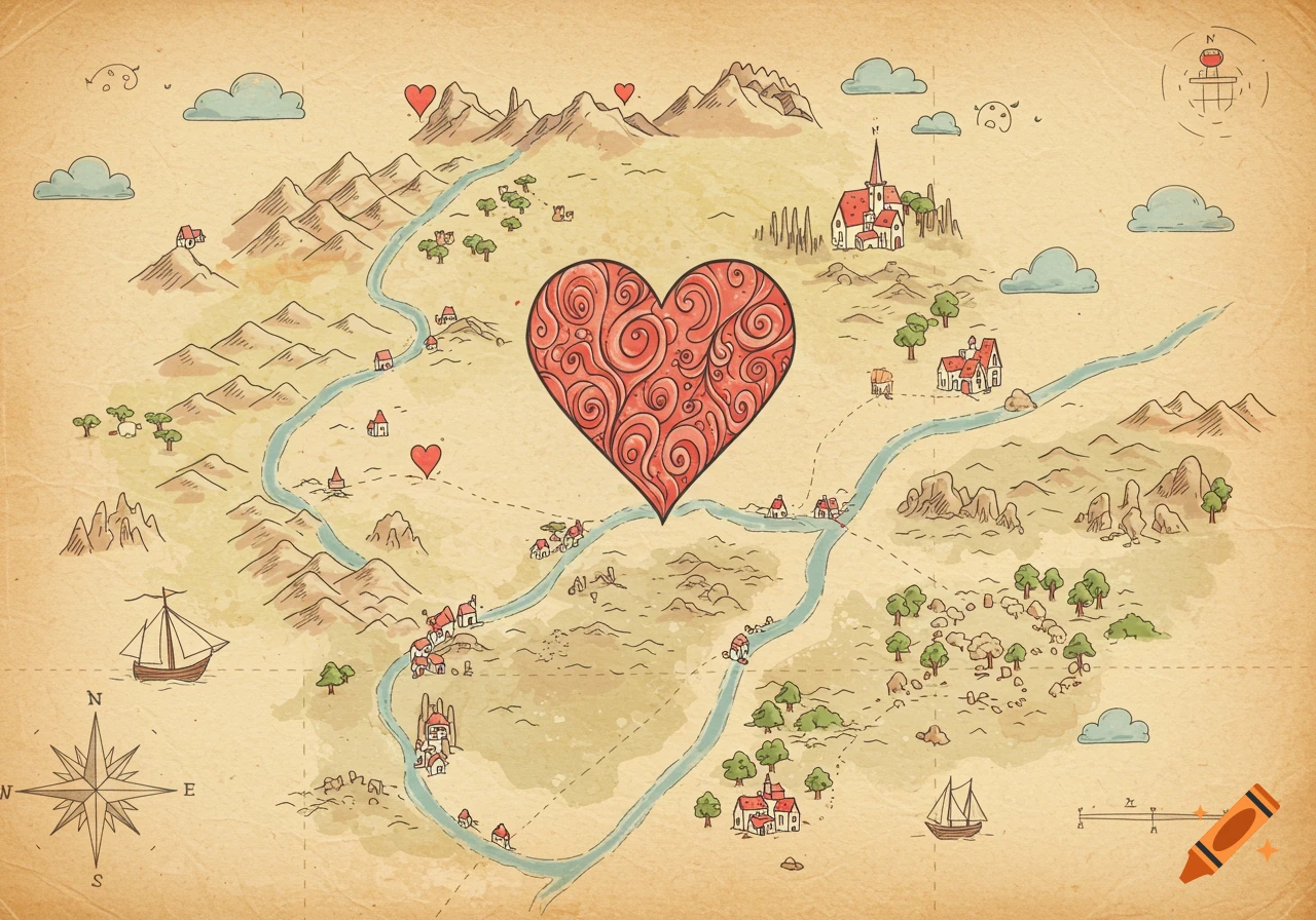 A hand-drawn fantasy map on aged paper with mountains, rivers, villages, ships, and a large red heart at the center. A compass rose shows directions.