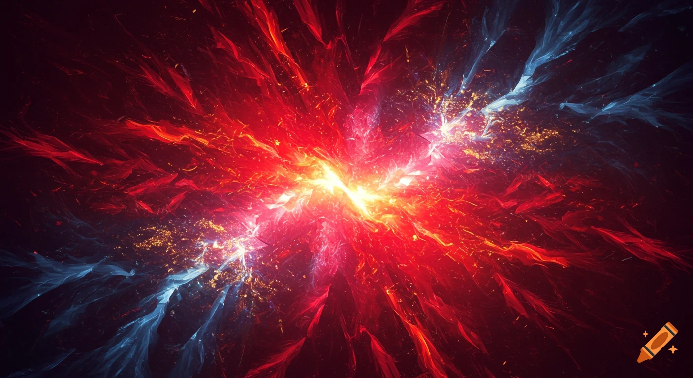 Abstract burst of red and blue light with a bright yellow-white center and golden specks on a dark background.