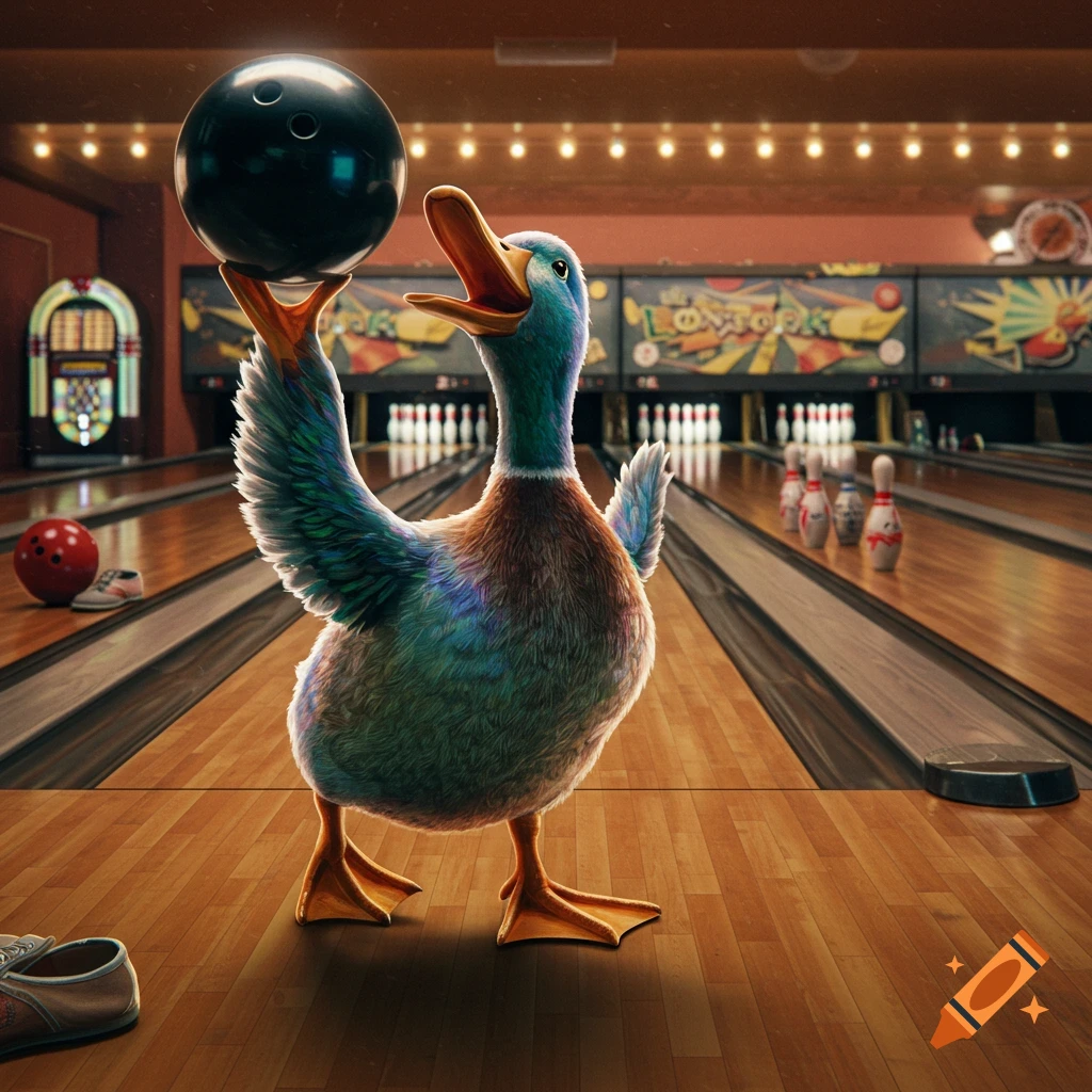 A colorful duck stands on a wooden bowling lane, holding a black bowling ball over its head with one wing. Bowling pins are in the background.
