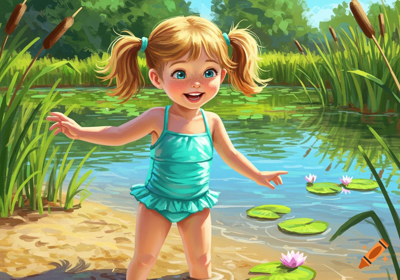 A happy blonde toddler in pigtails and a teal swimsuit stands in a pond with lily pads and tall green reeds in an illustration.
