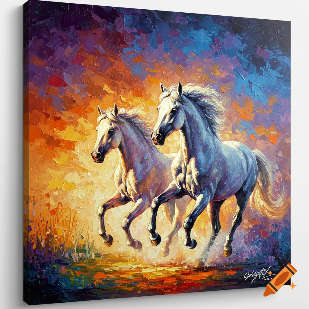 Two white horses gallop through a vibrant, dreamlike impasto painting with rich orange, purple, and blue colors.