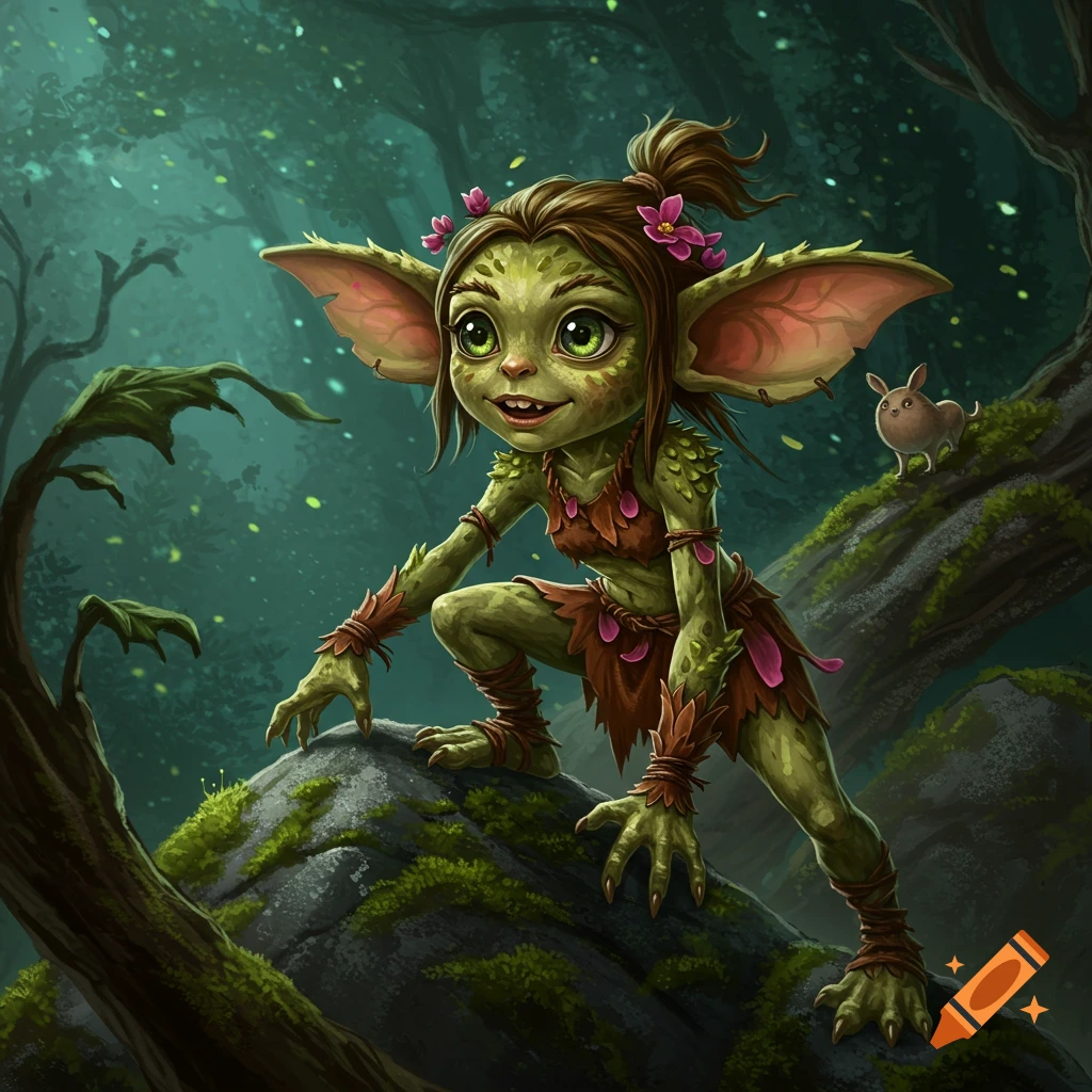 A cute, green-skinned female gremlin with large ears and flowers in her hair crouches on a mossy rock in a dark forest.