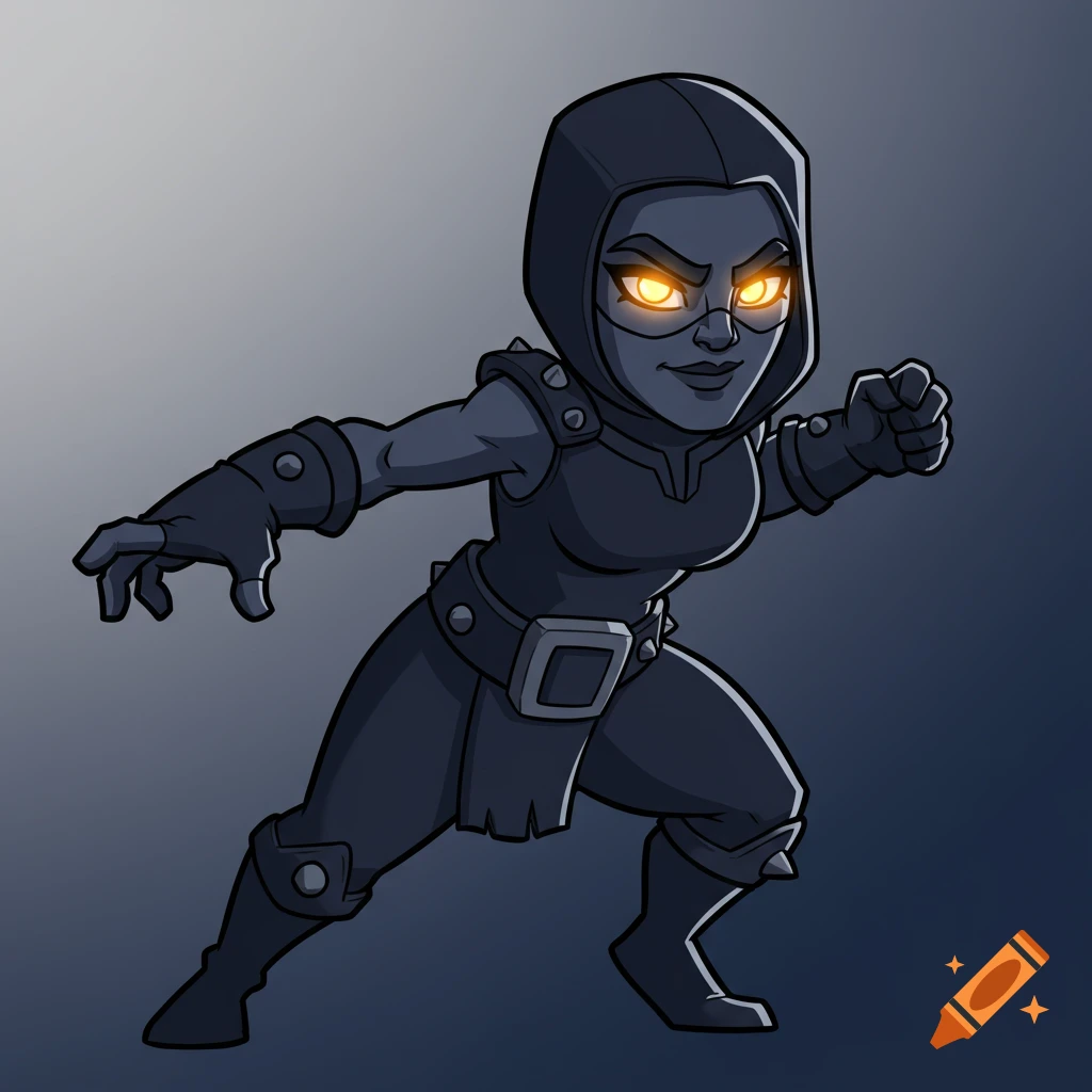 Cartoon-style bandit character with glowing orange eyes, wearing a dark hooded outfit, in a crouched, ready stance.