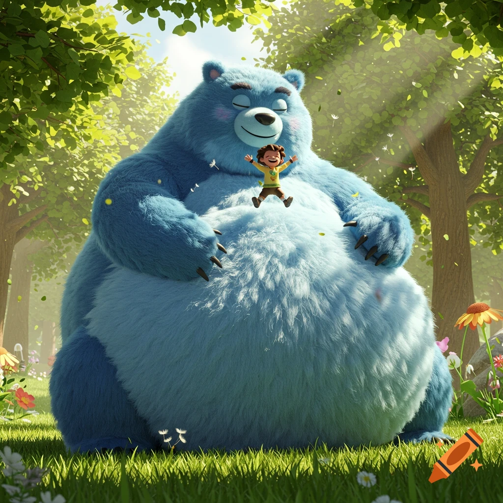 A joyful blue cartoon bear with a child bouncing on its fluffy belly in a sunny forest.