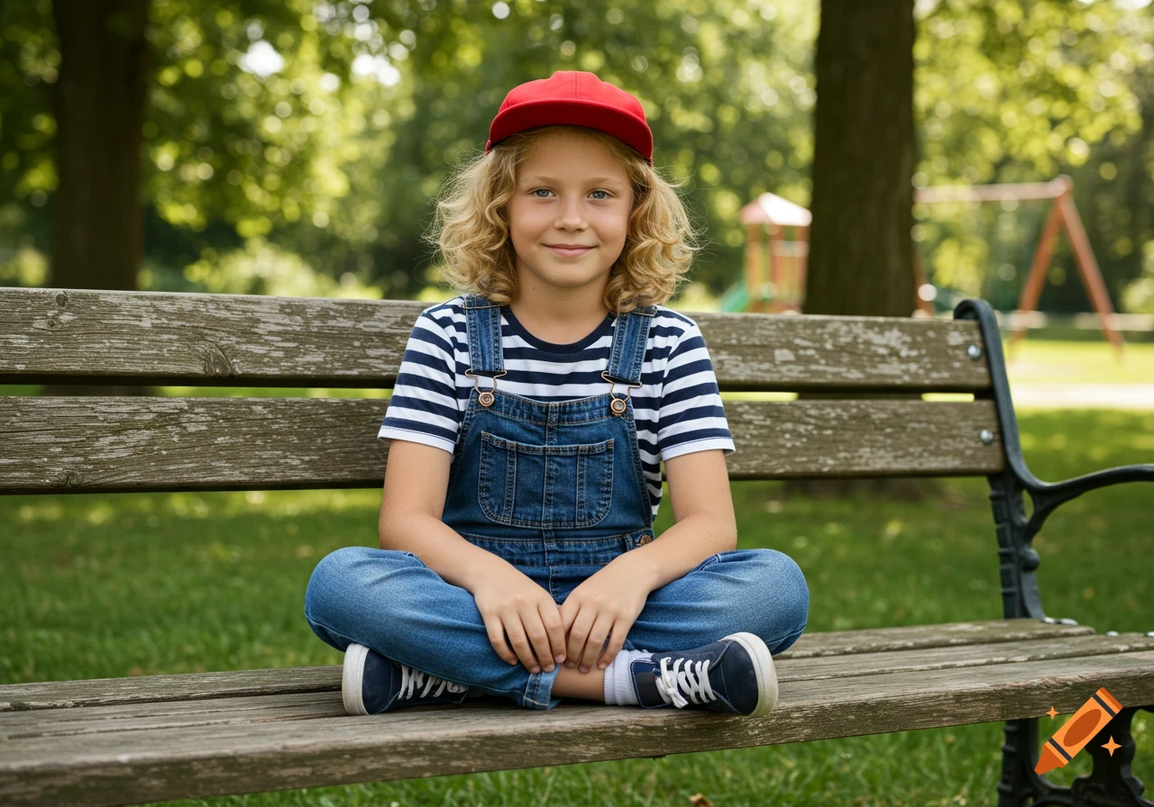 A smiling boy in a red cap and denim overalls sits cross-legged on a park bench, looking at the camera.