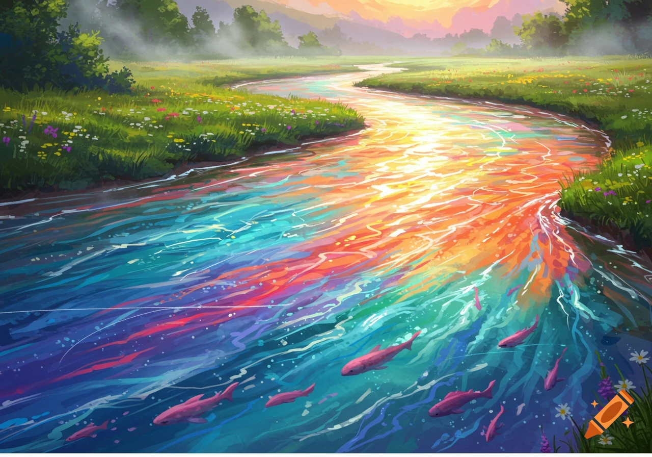 Vibrant fantasy painting of a winding river flowing through a lush landscape, with rainbow colors in the water and pink fish swimming.