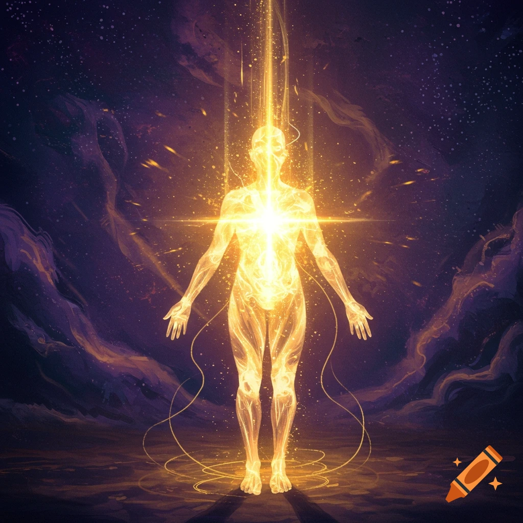 A translucent, glowing human figure radiates golden light upwards, standing in a dark, ethereal purple and gold cosmic landscape.