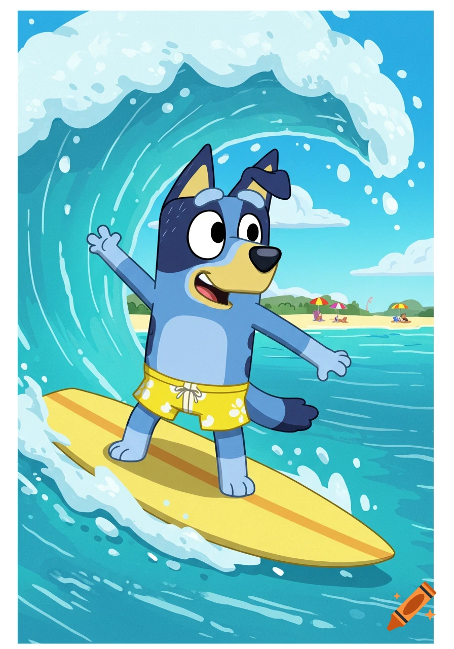 Bluey Heeler, a cartoon blue dog, joyfully surfs a large wave at a sunny beach, wearing yellow swim trunks.