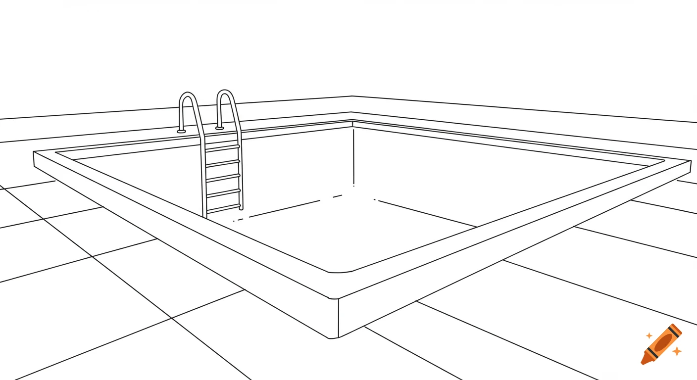 Line art drawing of an empty swimming pool with a ladder, in a clean, minimalist style.