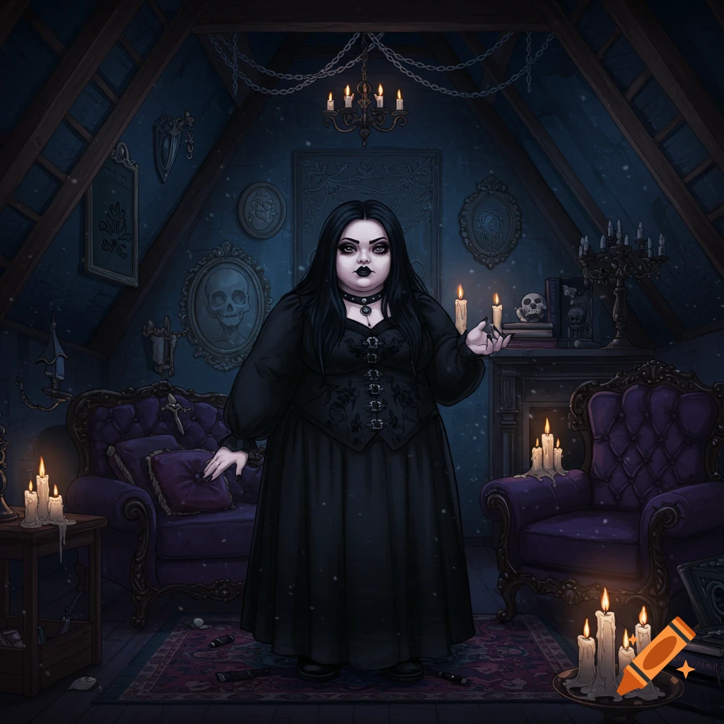 A stylized illustration of a goth woman in a dark, atmospheric attic with candles and gothic decor.