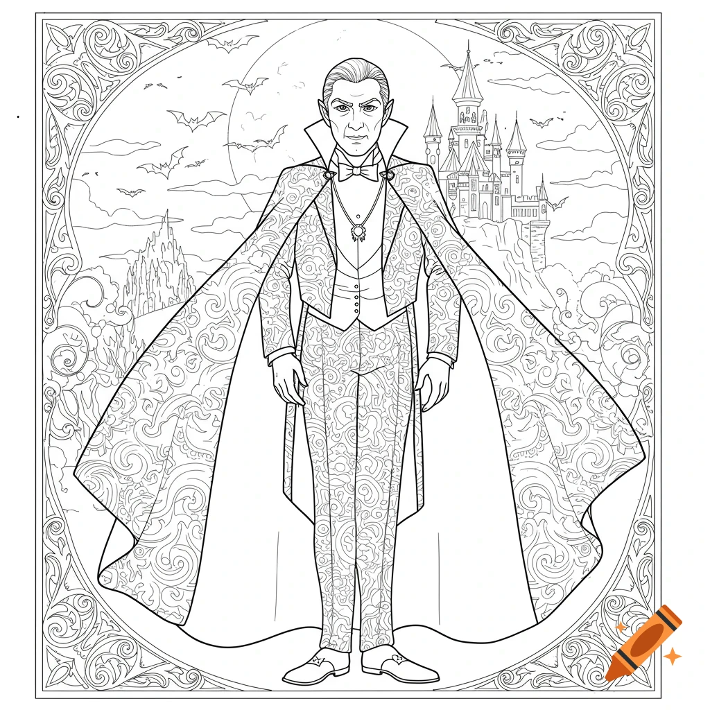 Line art coloring page of Dracula in a full-length patterned cape and suit, standing before a gothic castle, moon, and bats.