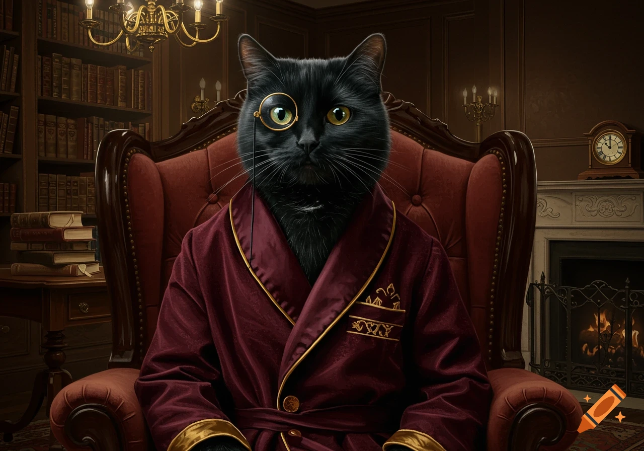 A black cat wearing a maroon smoking jacket and a monocle sits in a red armchair in a formal study.
