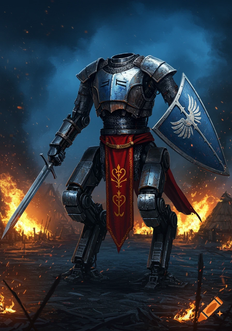 A headless, armored bipedal robot with a sword and shield stands in a burning medieval village at night.