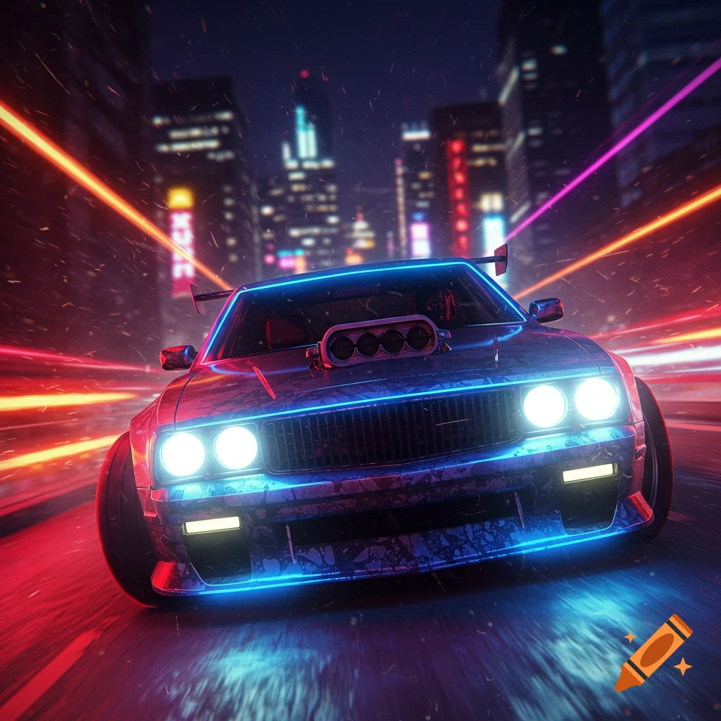 A futuristic car with neon blue lights speeds through a cyberpunk city at night, vibrant with red and purple light trails.