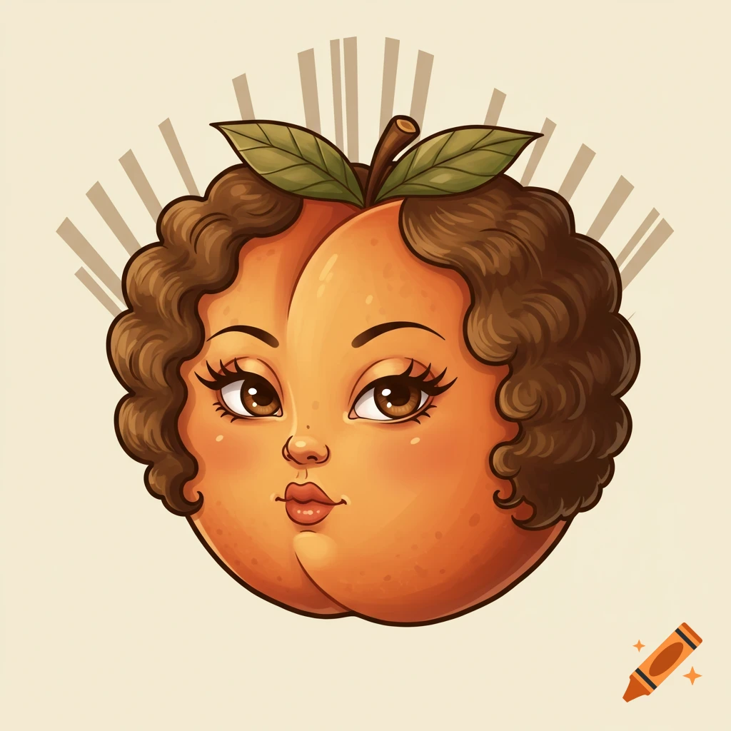 Vintage 1930s cartoon illustration of a sassy peach character with curly brown hair, big eyes, and leaves.