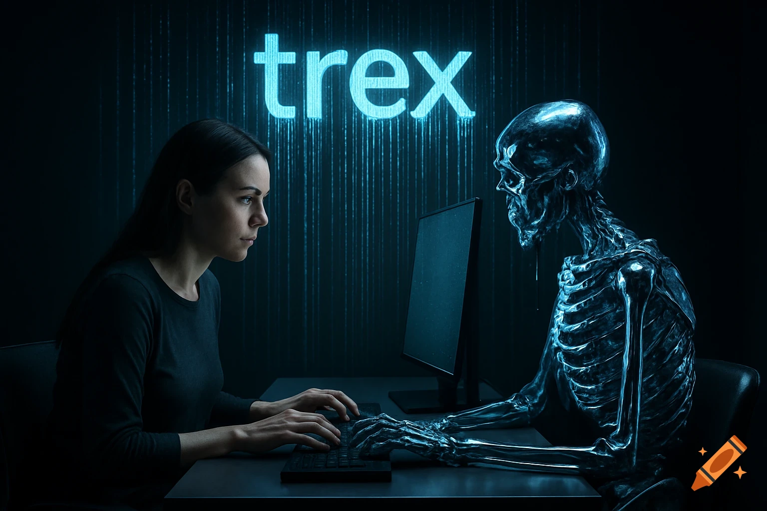 A woman and a chrome-like skeleton typing on keyboards at a desk, with neon blue 'trex' text above them on a dark, digital background.