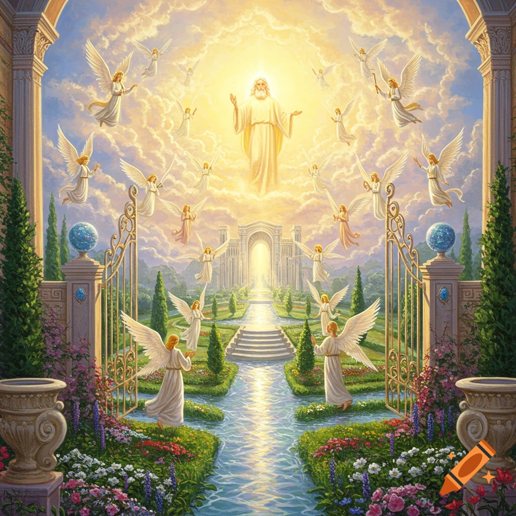 An ethereal illustration of God and many angels in a golden sky above a lush garden with a river leading to grand gates.