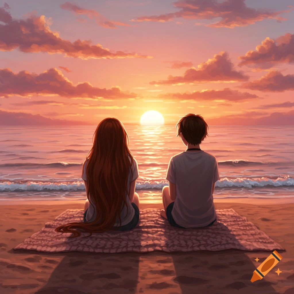 Anime art of a boy and a girl sitting on a beach blanket, watching the sunset over the ocean.