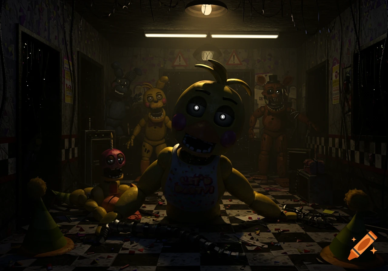 Several menacing animatronics including Chica, Bonnie, and Freddy loom in a dark, cluttered room, lit by overhead lights.