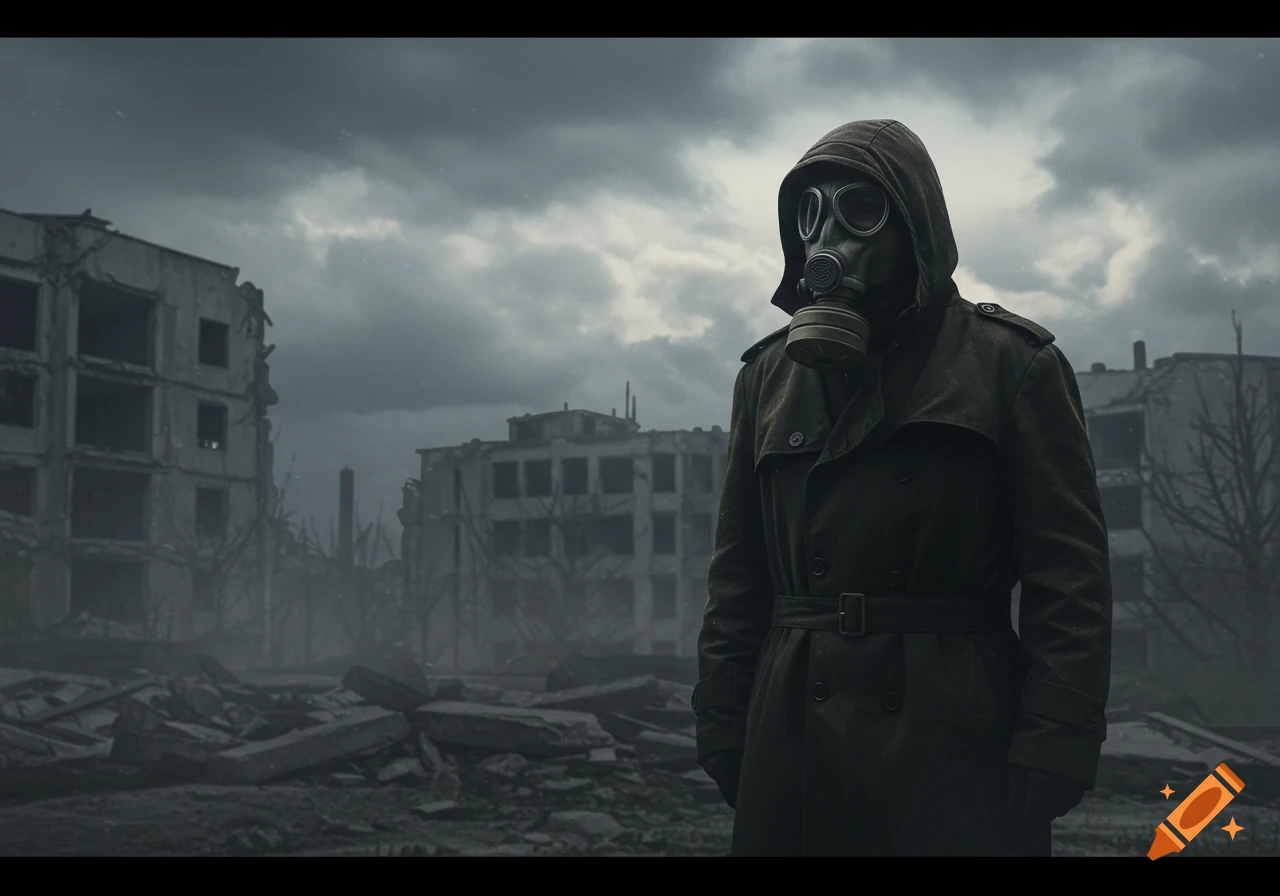 A figure in a gas mask and hooded trench coat stands in a desolate, fog-shrouded ruined city under a gray sky. Gritty realistic style.