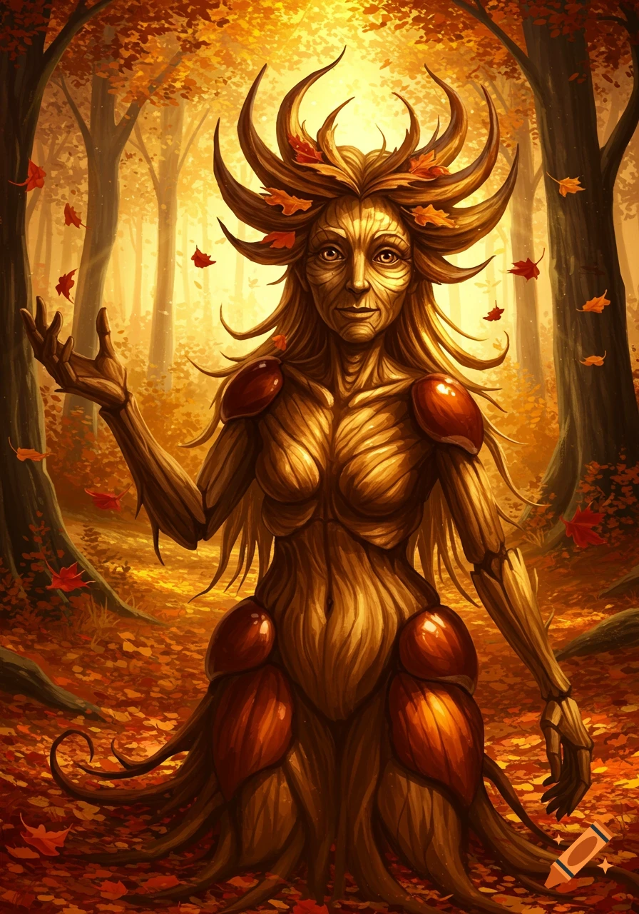 A dryad-like woman made of wood and chestnuts stands in a golden autumn forest with falling leaves. Digital art.