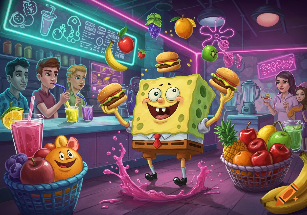 Spongebob Squarepants balances two burgers, surrounded by people, fruit, and neon signs in a vibrant, cartoonish smoothie shop.