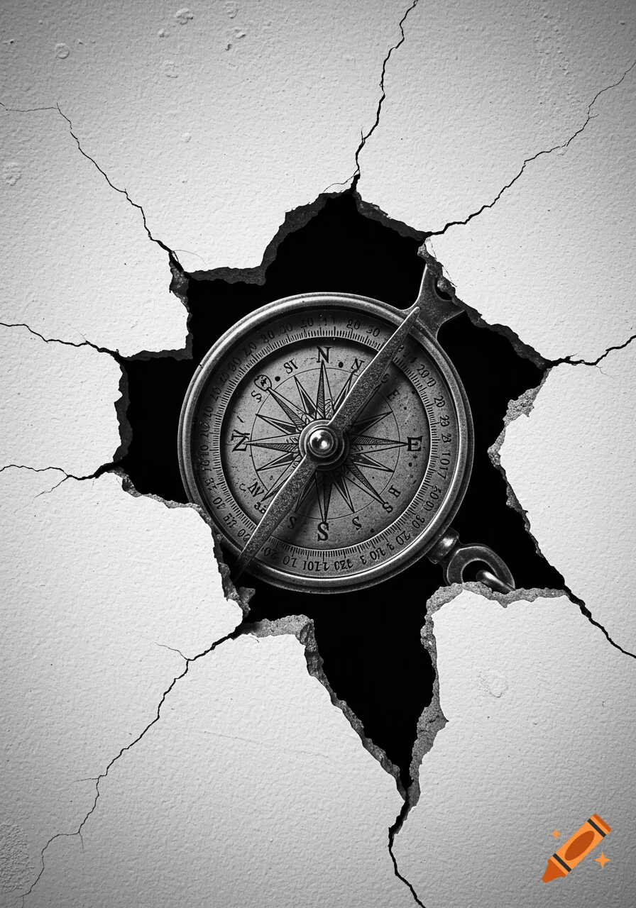 Photorealistic grayscale image of an old, detailed metal compass emerging from a jagged hole in a cracked, white plaster wall.