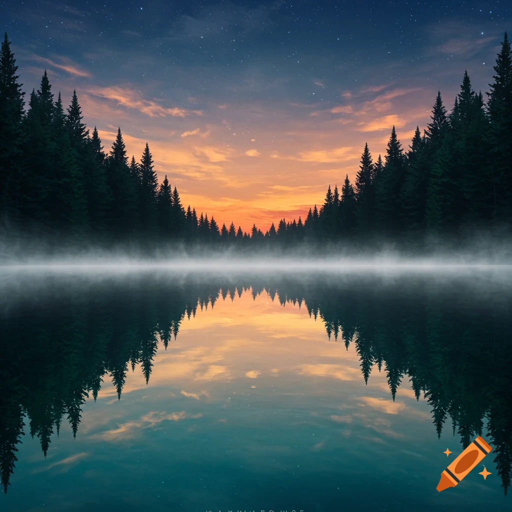 A serene forest of evergreen trees reflected in a misty lake under a starry sky and colorful sunset.