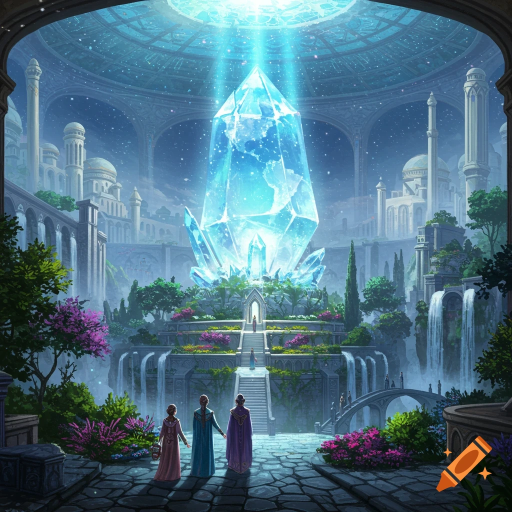 A grand fantasy kingdom with a glowing blue crystal, tiered gardens, waterfalls, and ornate buildings under a starlit dome.