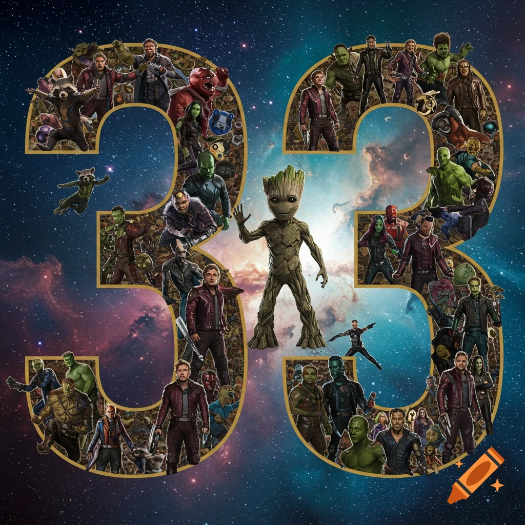 The numbers 33 formed by a collage of Marvel's Guardians of the Galaxy characters against a cosmic background, with Groot centered.