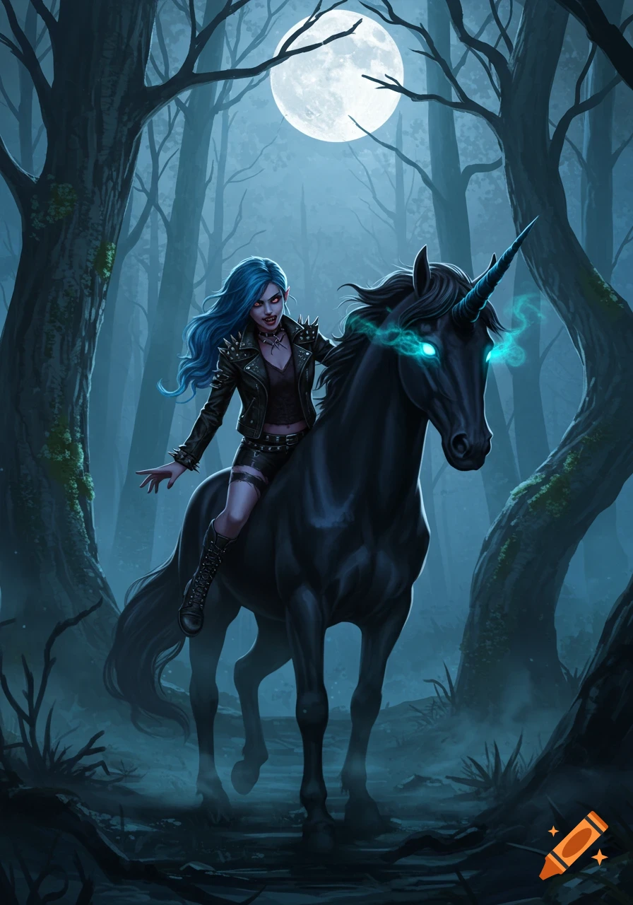 A blue-haired vampire woman rides a black unicorn with glowing eyes through a dark, misty forest under a full moon.
