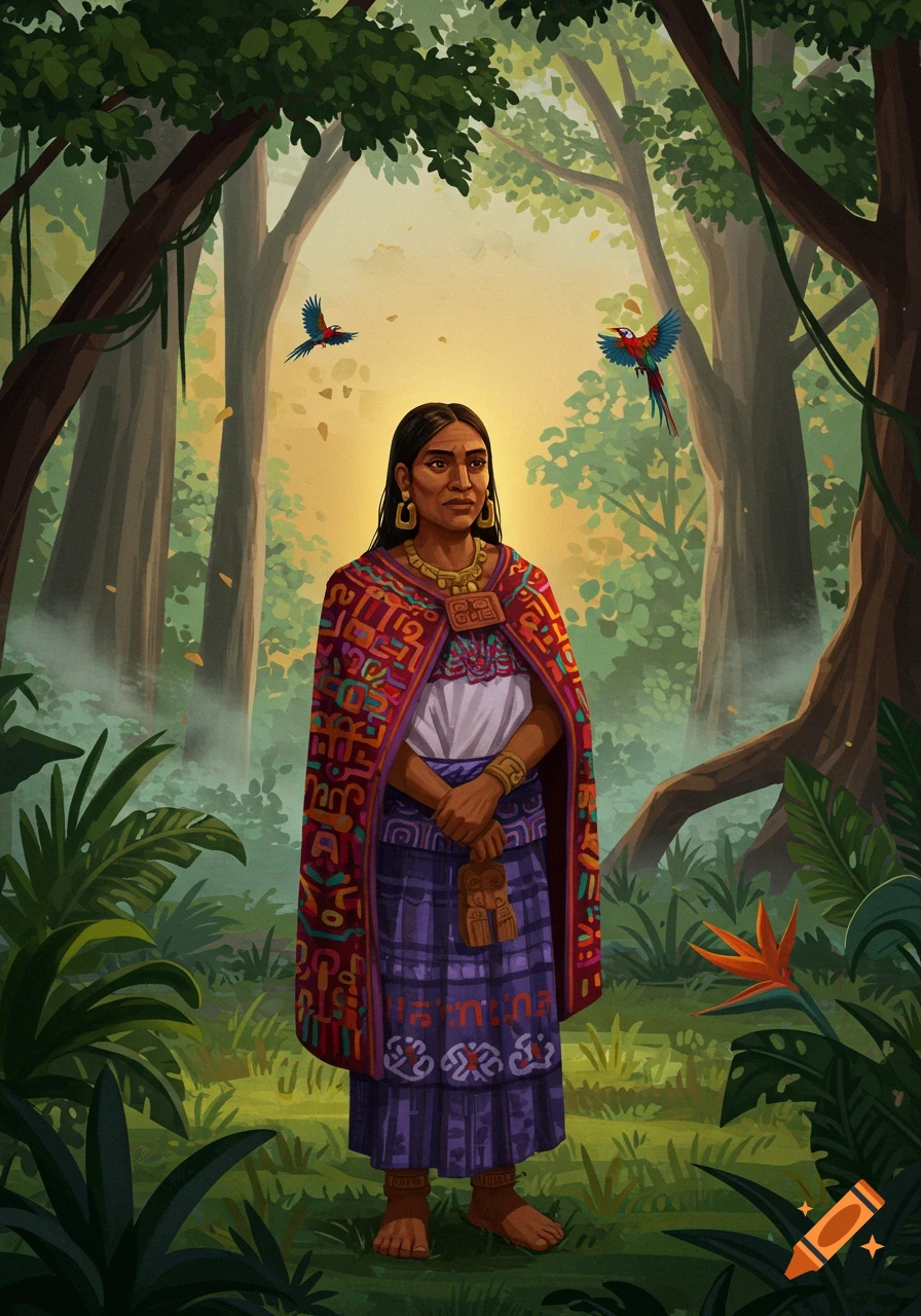 An indigenous woman in a colorful, patterned cape and skirt stands barefoot in a lush jungle with parrots flying overhead, illustration.