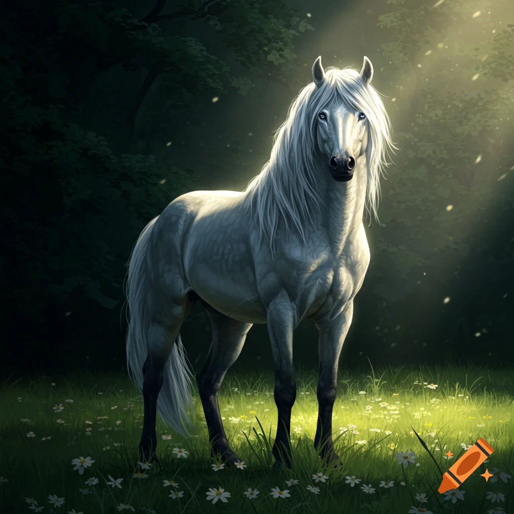 A majestic white horse with a long flowing mane and blue eyes stands in a sun-dappled forest clearing with white flowers.
