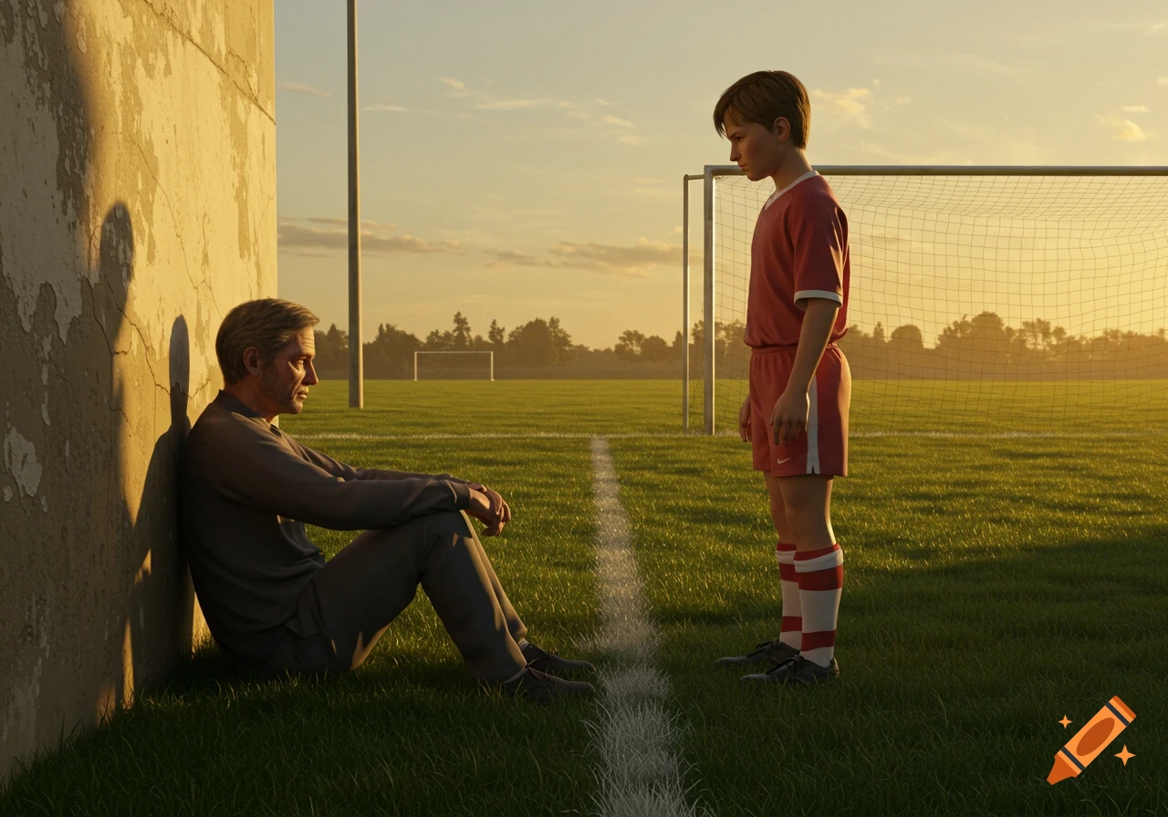 A man sits by a wall on a soccer field, looking sadly at a boy in a red uniform who looks back. Golden hour light.