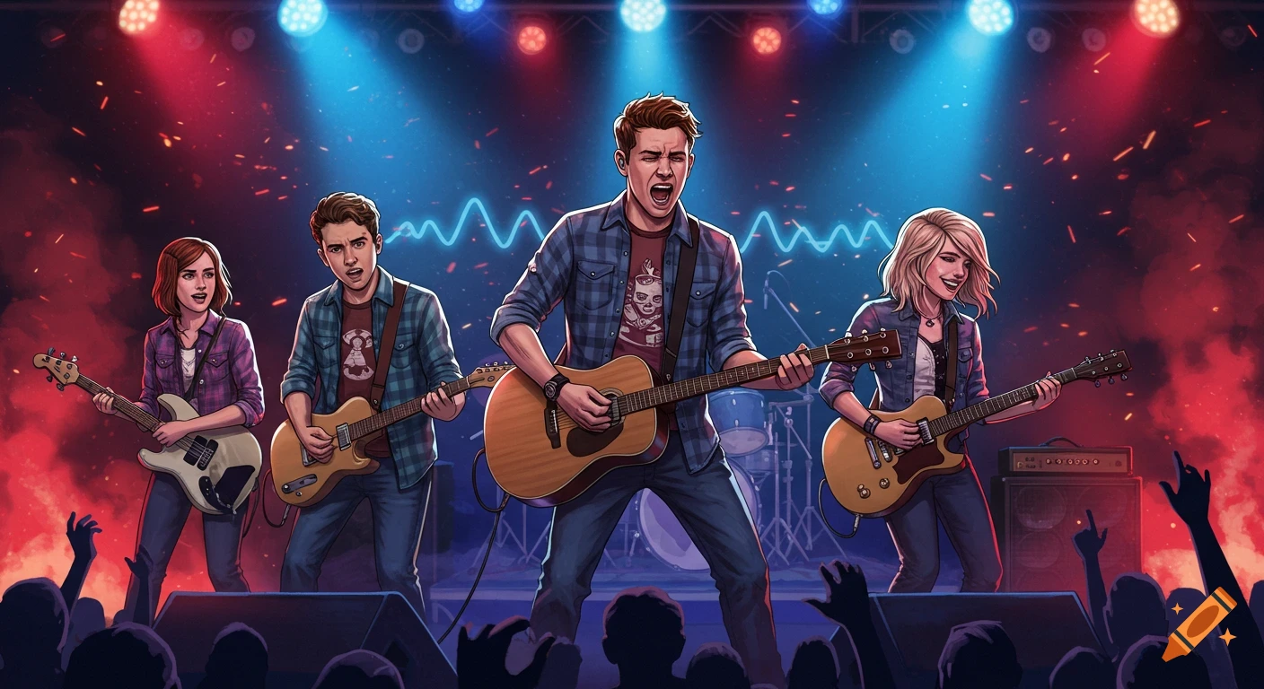 An energetic cartoon band with three guitarists and a bassist performs on a brightly lit stage with red and blue lights and sparks.