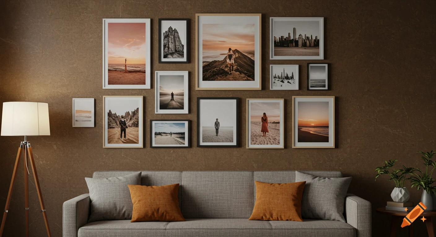 A cozy living room featuring a grey couch with orange pillows, a floor lamp, and a large gallery wall displaying various framed photographs.