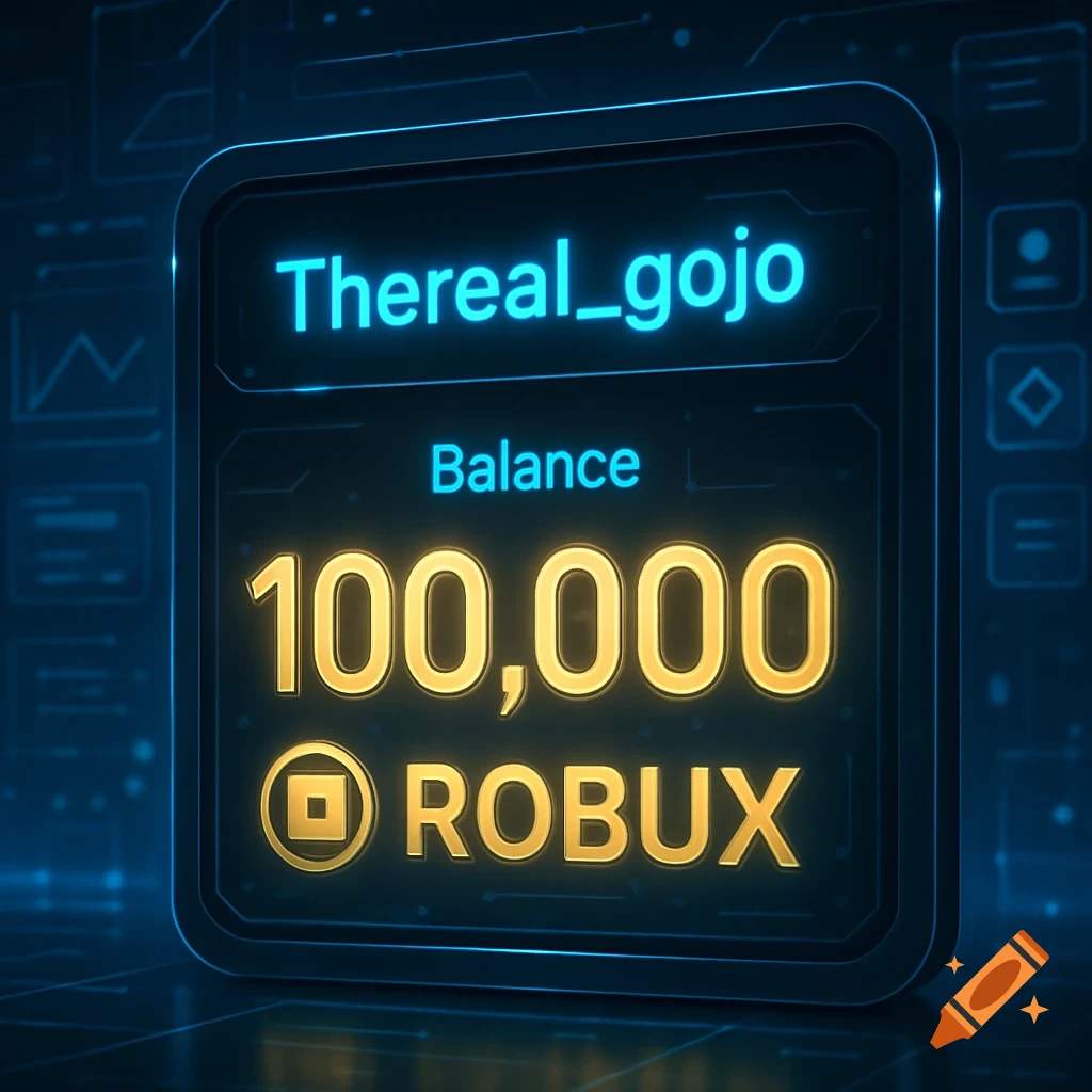 Digital display showing 'Thereal_gojo' and a balance of '100,000 ROBUX' with a square symbol.