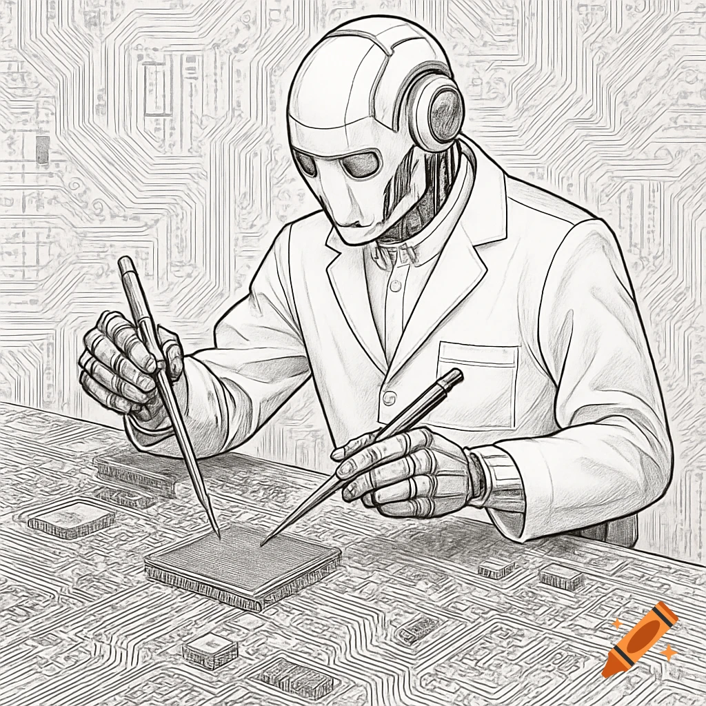 A robot in a lab coat precisely working on a circuit board with tools, in a technical sketch style.