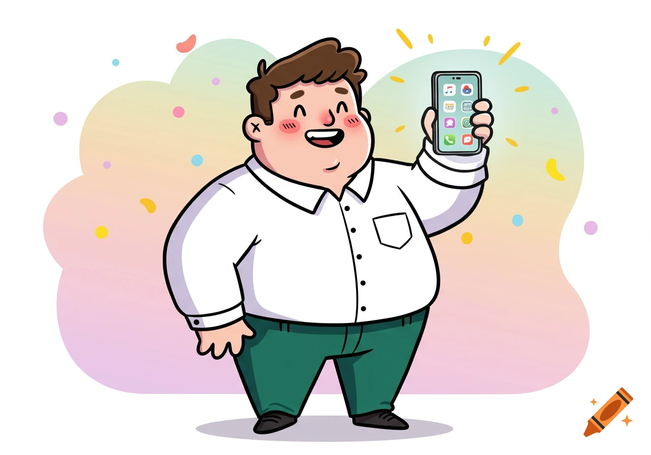A happy cartoon man with brown hair, a white shirt, and green pants, holding up a smartphone with app icons.