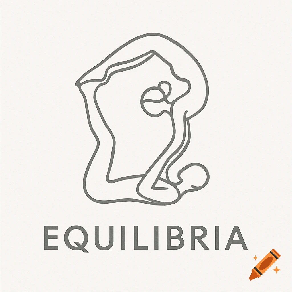 Abstract line art logo of an acroyoga duo above the word 'EQUILIBRIA' in a sans-serif font.