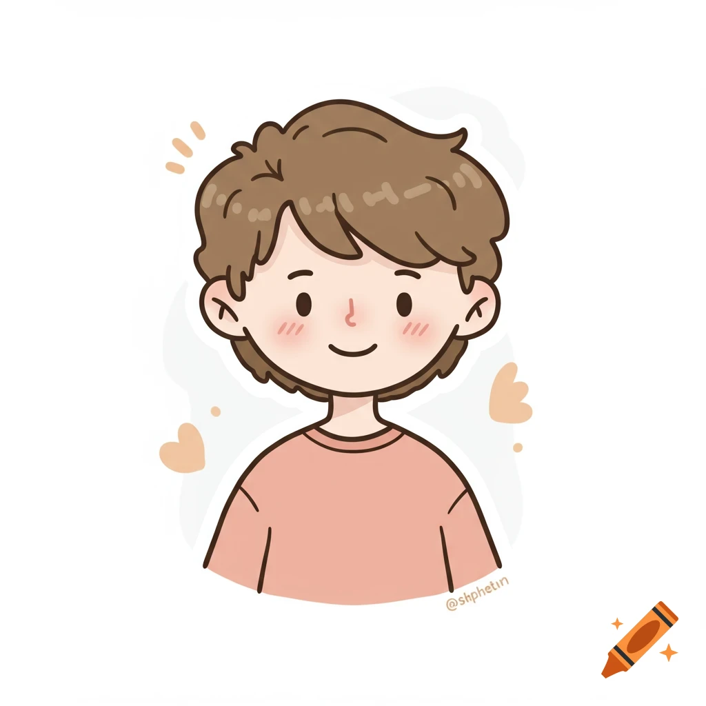 A cute, simple cartoon illustration of a boy with brown hair and rosy cheeks wearing a peach shirt.