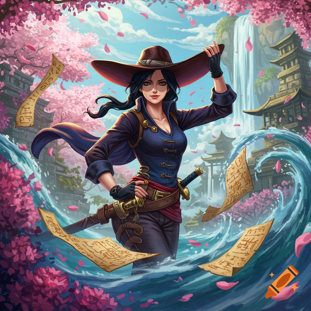 A female adventurer with a sword and wide-brimmed hat stands in a cherry blossom garden with waterfalls and pagodas, mystical scrolls float around her.