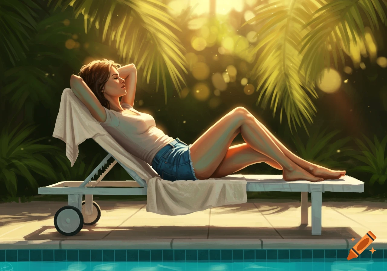 Illustrated woman sunbathing on a white lounger by a pool, surrounded by sunlit palm trees.